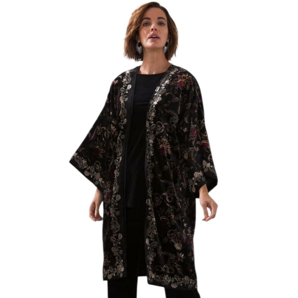 Chico's Black Vampy Floral Velvet‎ Velour Kimono Open Duster Size S/M Western